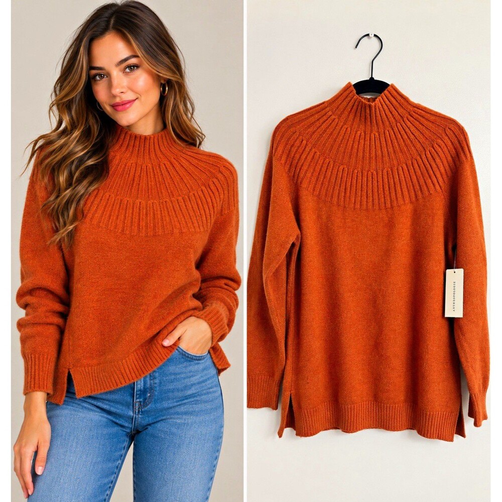 Anthropologie Cedar Rust Mock Neck Ribbed Sweater Size M New with Tag